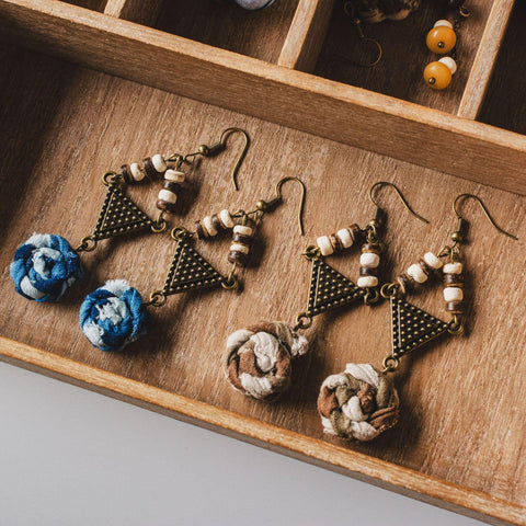Elegant Handmade Tie-Dye Flower Earrings with Geometric Triangle Charms
