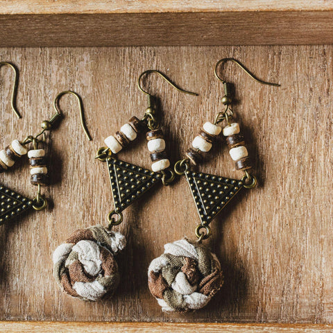 Elegant Handmade Tie-Dye Flower Earrings with Geometric Triangle Charms