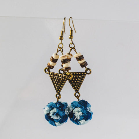 Elegant Handmade Tie-Dye Flower Earrings with Geometric Triangle Charms