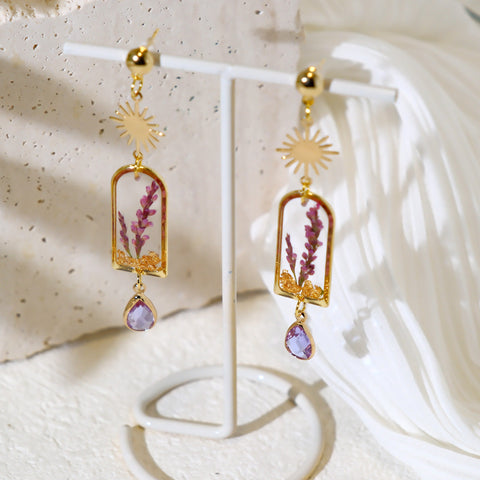 Purple Bloom Dried Flower Resin Earrings with Crystal Drop