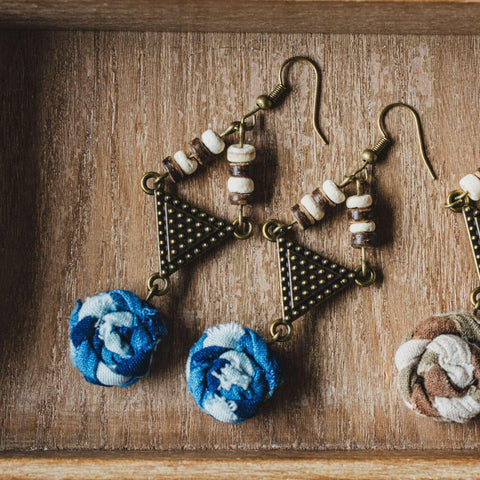 Elegant Handmade Tie-Dye Flower Earrings with Geometric Triangle Charms