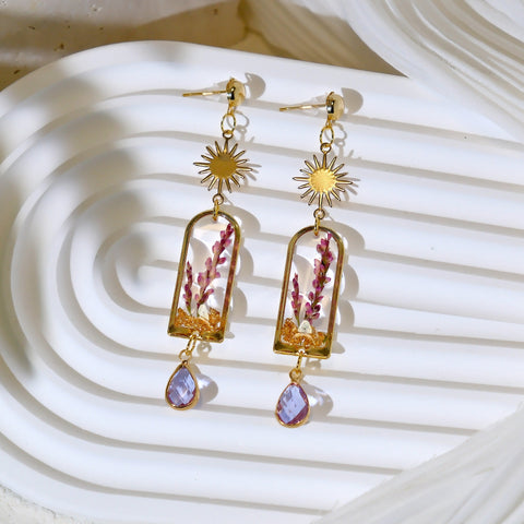 Purple Bloom Dried Flower Resin Earrings with Crystal Drop