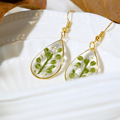 Green Leaves Handmade Pressed Flower Resin Earrings for Her