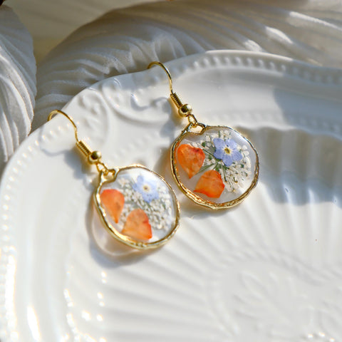 Forget Me Not Resin Earrings with Pressed Blue and Orange Florals
