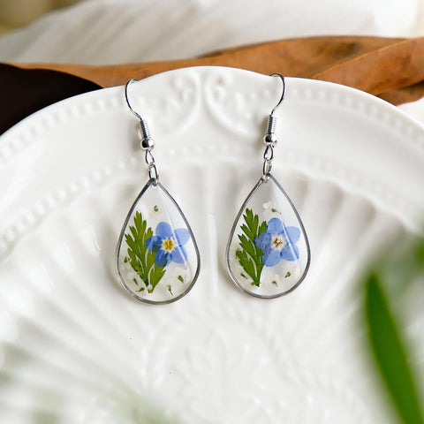 Elegant Forget Me Not Dried Flower Resin Drop Earrings