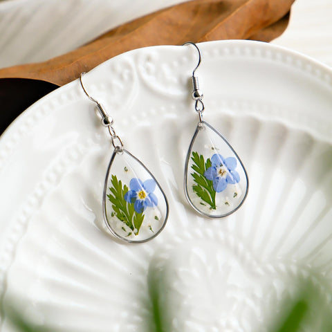 Elegant Forget Me Not Dried Flower Resin Drop Earrings