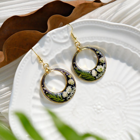 Botanical Crescent Hoop Earrings with Real Pressed Flowers