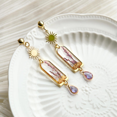 Purple Bloom Dried Flower Resin Earrings with Crystal Drop