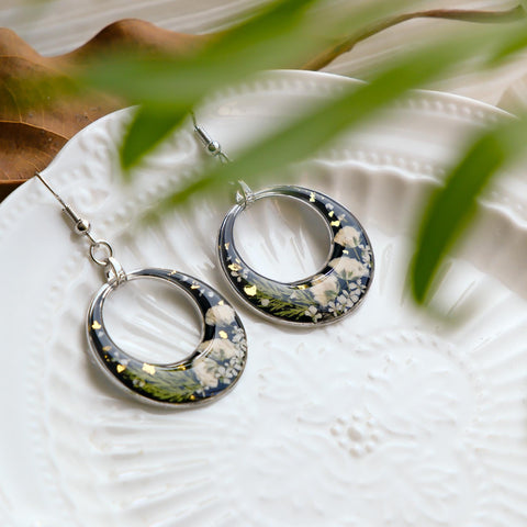 Botanical Crescent Hoop Earrings with Real Pressed Flowers