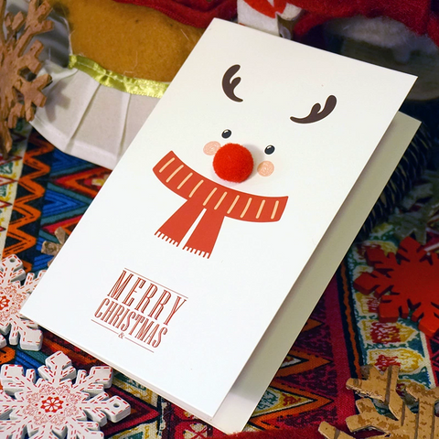 Cute Reindeer & Snowman Christmas Card – 3D Pom-Pom Nose Cartoon Design