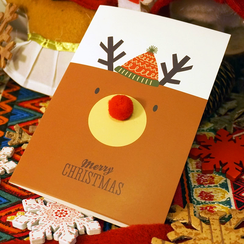 Cute Reindeer & Snowman Christmas Card – 3D Pom-Pom Nose Cartoon Design