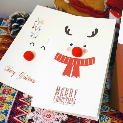 Cute Reindeer & Snowman Christmas Card – 3D Pom-Pom Nose Cartoon Design