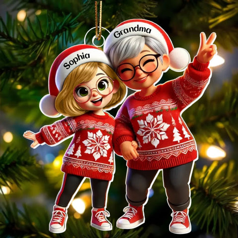 3D Effect Happy Grandma with Grandkids Custom Christmas Acrylic Ornament