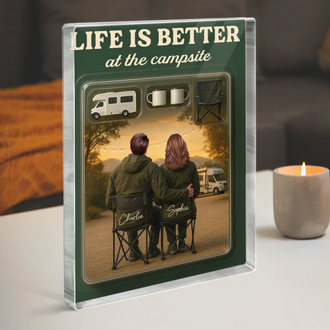 3D Effect Custom Sitting Camping Couple Figurine Toy Box Acrylic Block