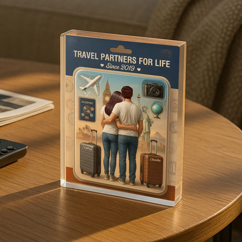 ” Travel Partners For Life" 3D Effect Custom Couple Figurine Acrylic Block 