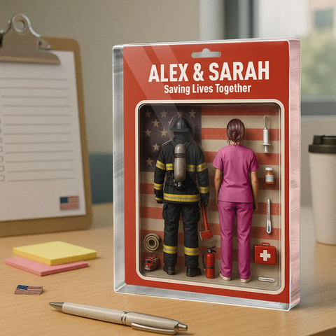 You & Me We Got This 3D Effect Custom Firefighter & Nurse Couple Figures Acrylic Block 