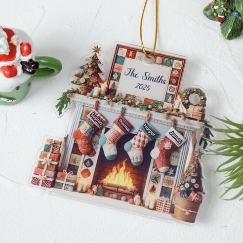 3D Effect Quilting Patchwork Fabric Patterns Fireplace Family Names Custom Acrylic Christmas Ornament 2025