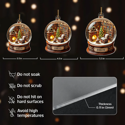 3D Effect Book Lover Room Snow Globe Custom Acrylic Christmas Ornament