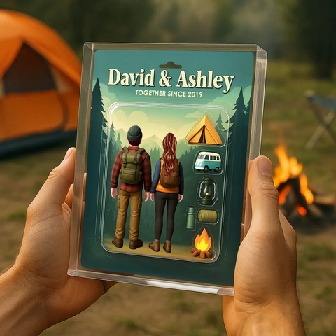 3D Effect Custom Camping Couple Figurine Toy Box Style Acrylic Block Plaque