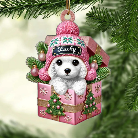 Cute Poodle Dog Inside the Gift Box Custom 2D Flat Acrylic Christmas Pet Ornament