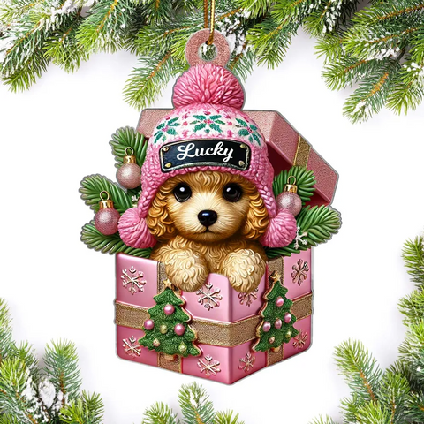 Cute Poodle Dog Inside the Gift Box Custom 2D Flat Acrylic Christmas Pet Ornament
