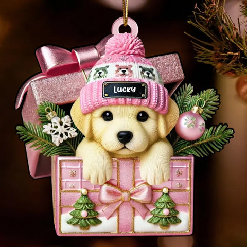 Cute Labrador Dog Inside Gift Box Custom 2D Flat Acrylic Christmas Pet Ornament