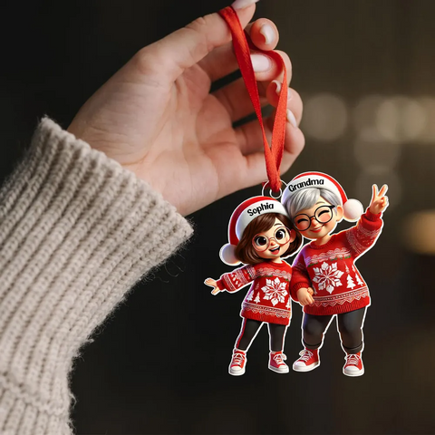 3D Effect Happy Grandma with Grandkids Custom Christmas Acrylic Ornament