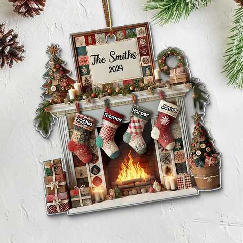 3D Effect Quilting Patchwork Fabric Patterns Fireplace Family Names Custom Acrylic Christmas Ornament 2025