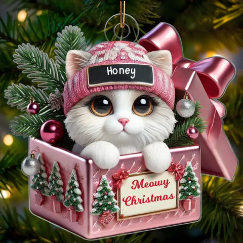 Cute Cat Inside Gift Box Custom 2D Flat Acrylic Christmas Ornament