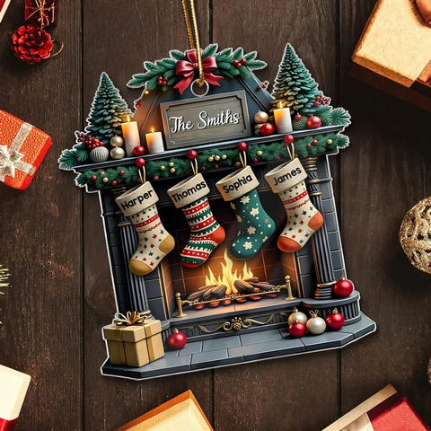 Vintage Retro Classic Fireplace Family Names Custom Acrylic Christmas Ornament
