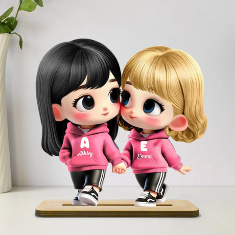 3D Effect Cute Cartoon Couple Holding Hands Custom Standing Wooden Plaque
