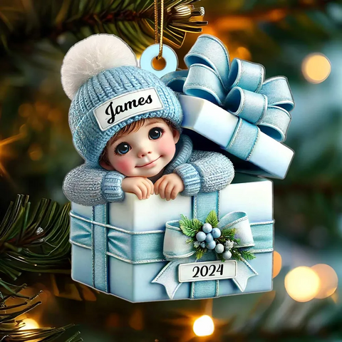 Baby Boy Girl Inside the Gift Box Custom 2D Flat Acrylic Christmas Ornament 2025