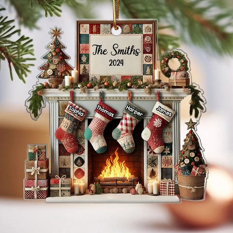 3D Effect Quilting Patchwork Fabric Patterns Fireplace Family Names Custom Acrylic Christmas Ornament 2025
