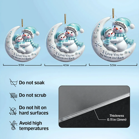 3D Effect Snowman Grandma and Grandkid On The Moon Custom Acrylic Christmas Ornament