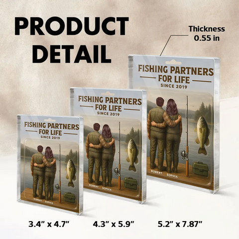 "Fishing Partners For Life" 3D Effect Custom Couple Figurine Acrylic Block 