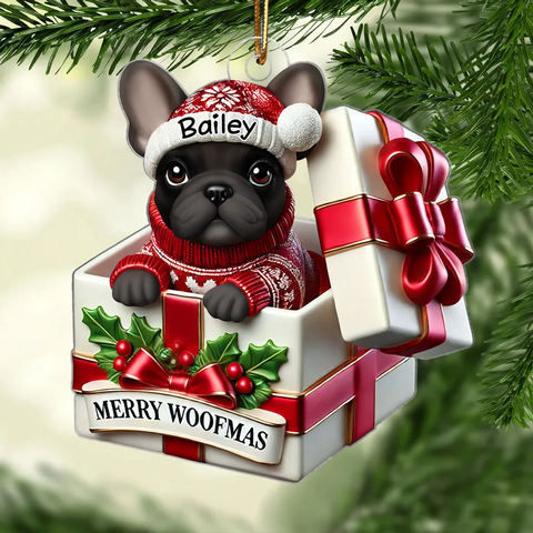 Cute Frenchie Inside Red Gift Box Cutom 2D Flat Acrylic Christmas Ornament 2025