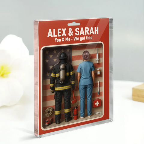 You & Me We Got This 3D Effect Custom Firefighter & Nurse Couple Figures Acrylic Block 