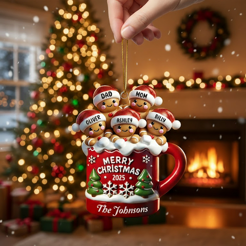 Gingerbread Family In Hot Cocoa Christmas Decor Custom Acrylic Ornament