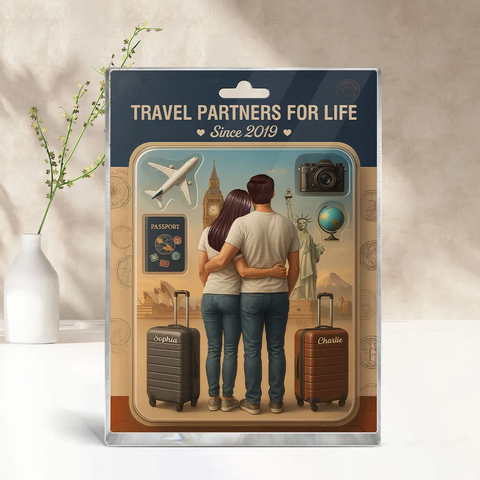 ” Travel Partners For Life" 3D Effect Custom Couple Figurine Acrylic Block 