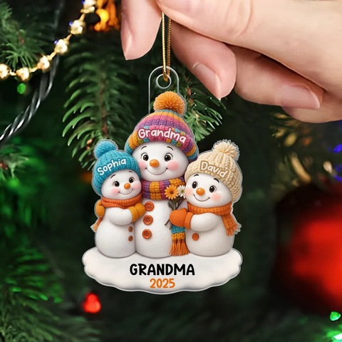 Snowman Grandma and Grandkids Custom Christmas Acrylic Ornament