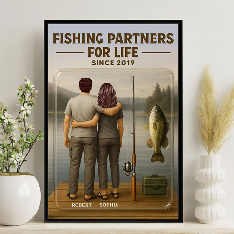 "Fishing Partners For Life" 3D Effect Custom Couple Figurine Canvas Print/Framed Poster/Poster