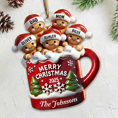 Gingerbread Family In Hot Cocoa Christmas Decor Custom Acrylic Ornament