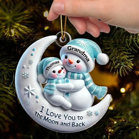 3D Effect Snowman Grandma and Grandkid On The Moon Custom Acrylic Christmas Ornament
