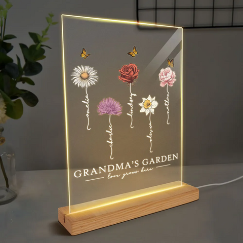 "Love Grows Here" Grandma‘s Garden Birth Month Flower Personalized Acrylic Plaque With LED Night Light