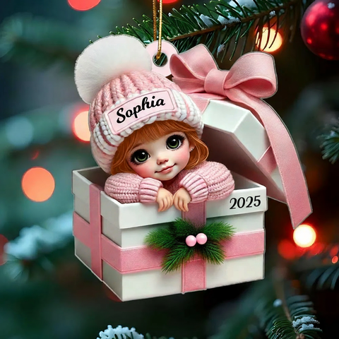 Baby Boy Girl Inside the Gift Box Custom Acrylic Christmas Ornament 2025