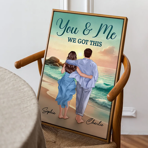 Custom Couple Back View Embracing and Walking On The Beach Canvas/Framed Poster/Poster