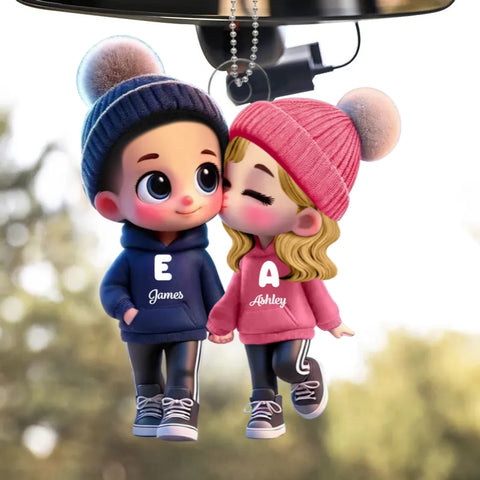 3D Effect Cute Cartoon Couple Walking Hand in Hand Custom Car Ornament