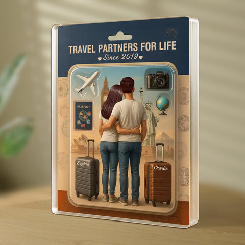 ” Travel Partners For Life" 3D Effect Custom Couple Figurine Acrylic Block 