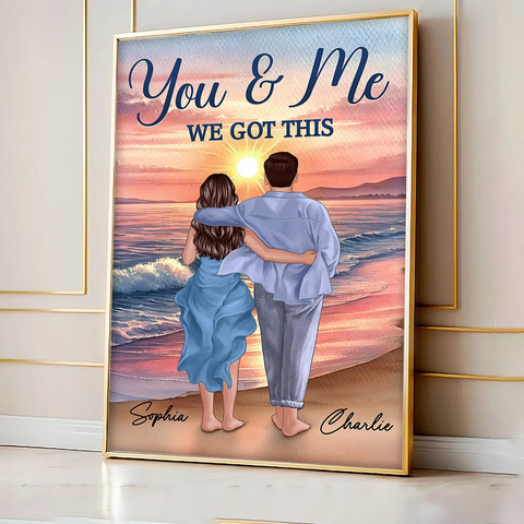 Custom Couple Back View Embracing and Walking On The Beach Canvas/Framed Poster/Poster