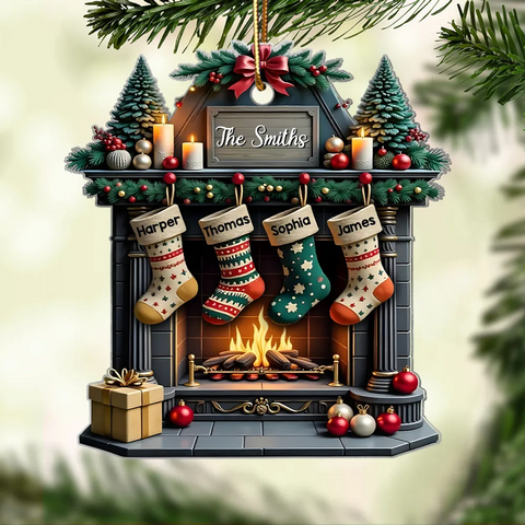 Vintage Retro Classic Fireplace Family Names Custom Acrylic Christmas Ornament